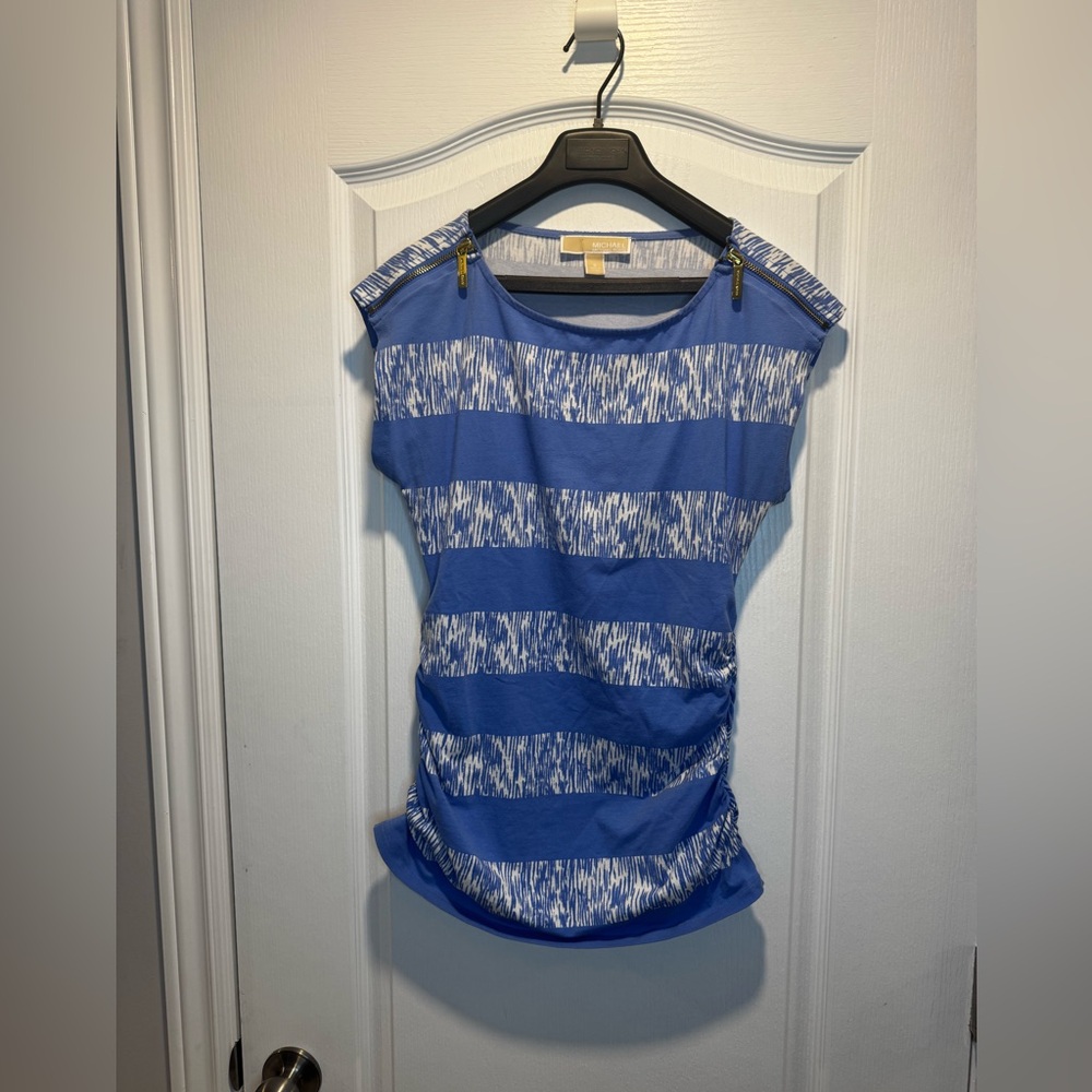 318-Michael Kors Blue & White Striped Sleeveless Top with Zipper Embellishments